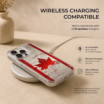 A distressed red and white Canadian flag art print on a phone case — Charging