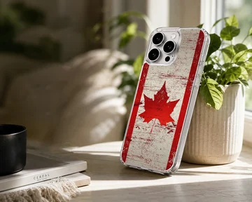A distressed red and white Canadian flag art print on a phone case — Lifestyle