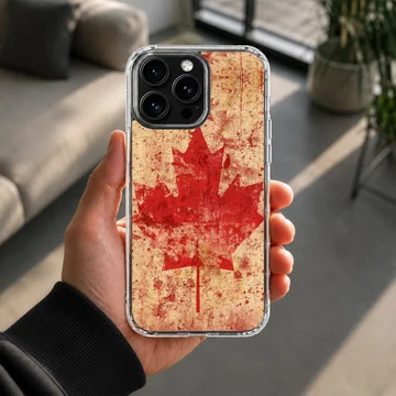 Distressed red Canadian maple leaf flag design on a phone case — Lifestyle