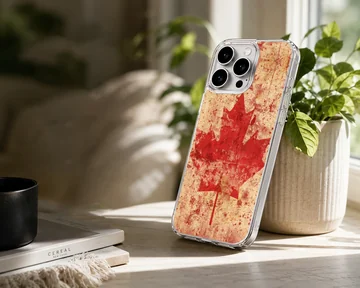 Distressed red Canadian maple leaf flag design on a phone case — Lifestyle