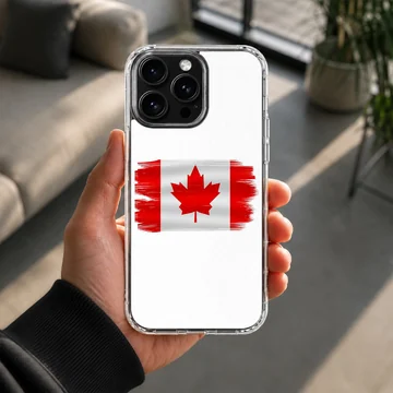 Distressed red and white Canadian flag artwork on a phone case — Lifestyle