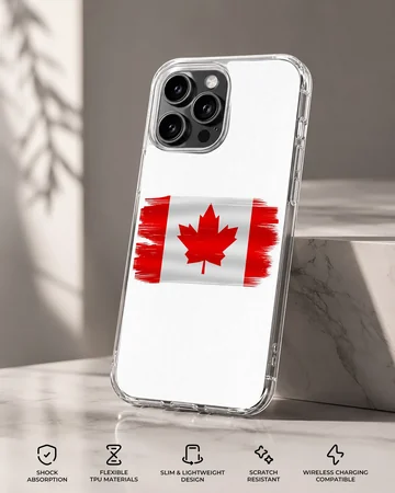 Distressed red and white Canadian flag artwork on a phone case — Specs