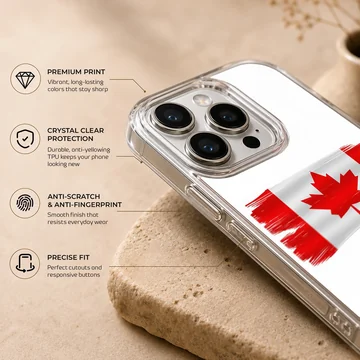 Distressed red and white Canadian flag artwork on a phone case — Info