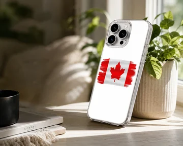 Distressed red and white Canadian flag artwork on a phone case — Lifestyle
