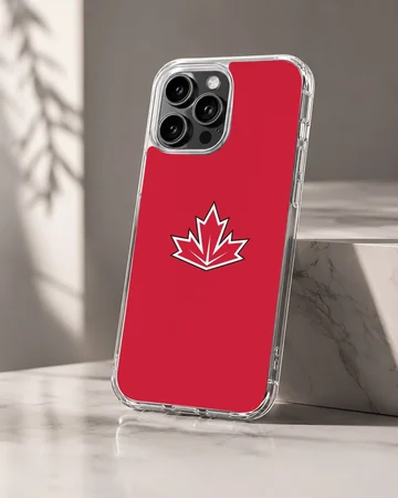 Vibrant red phone case featuring a stylized white and black bordered maple leaf symbol inspired by the Canadian flag — Hero