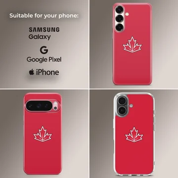 Vibrant red phone case featuring a stylized white and black bordered maple leaf symbol inspired by the Canadian flag — Collage