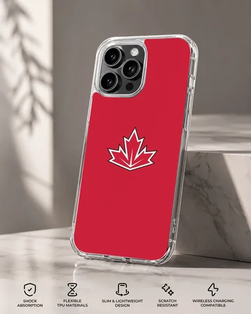 Vibrant red phone case featuring a stylized white and black bordered maple leaf symbol inspired by the Canadian flag — Specs