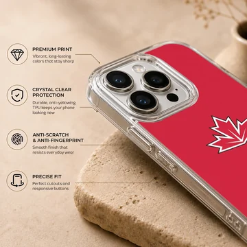 Vibrant red phone case featuring a stylized white and black bordered maple leaf symbol inspired by the Canadian flag — Info