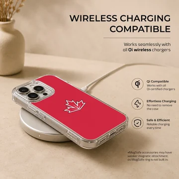 Vibrant red phone case featuring a stylized white and black bordered maple leaf symbol inspired by the Canadian flag — Charging
