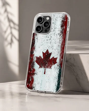 Distressed Canadian flag with a red maple leaf on a textured white background phone case — Hero