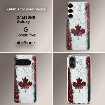 Distressed Canadian flag with a red maple leaf on a textured white background phone case — Collage