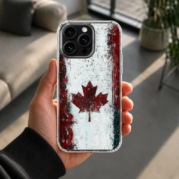 Distressed Canadian flag with a red maple leaf on a textured white background phone case — Lifestyle
