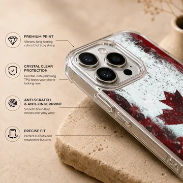 Distressed Canadian flag with a red maple leaf on a textured white background phone case — Info