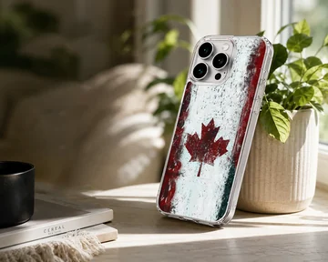 Distressed Canadian flag with a red maple leaf on a textured white background phone case — Lifestyle
