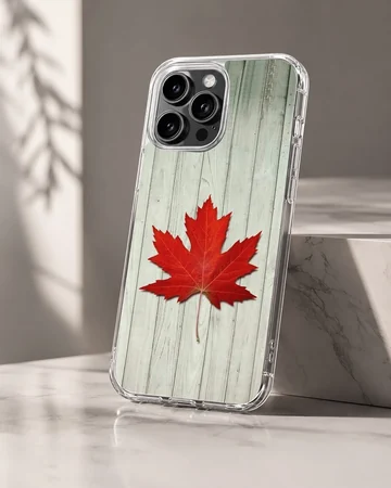 Vibrant red maple leaf resting on weathered white wooden planks on a phone case — Hero