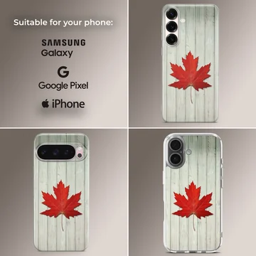 Vibrant red maple leaf resting on weathered white wooden planks on a phone case — Collage