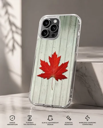 Vibrant red maple leaf resting on weathered white wooden planks on a phone case — Specs