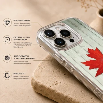 Vibrant red maple leaf resting on weathered white wooden planks on a phone case — Info
