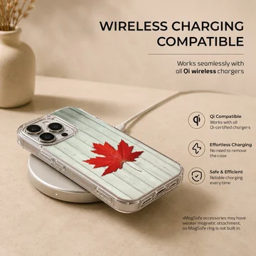Vibrant red maple leaf resting on weathered white wooden planks on a phone case — Charging