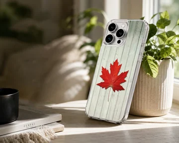 Vibrant red maple leaf resting on weathered white wooden planks on a phone case — Lifestyle