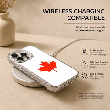 Vibrant red Canadian maple leaf illustration centered on a crisp white background phone case — Charging