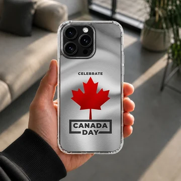 Canada Day maple leaf design in red and black typography on a textured white background phone case — Lifestyle