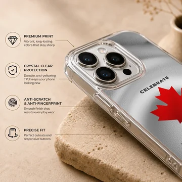 Canada Day maple leaf design in red and black typography on a textured white background phone case — Info