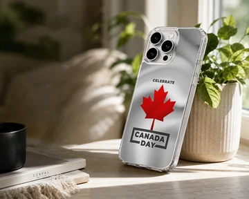 Canada Day maple leaf design in red and black typography on a textured white background phone case — Lifestyle