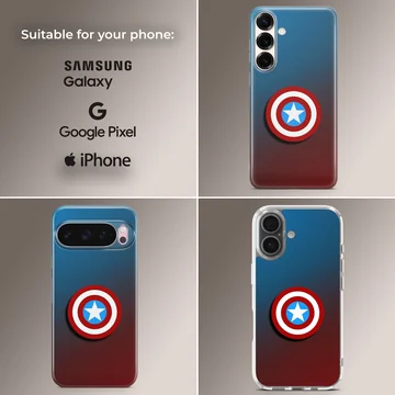 Captain America shield graphic on a blue and red gradient phone case — Collage