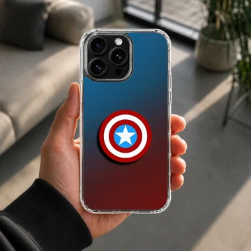 Captain America shield graphic on a blue and red gradient phone case — Lifestyle