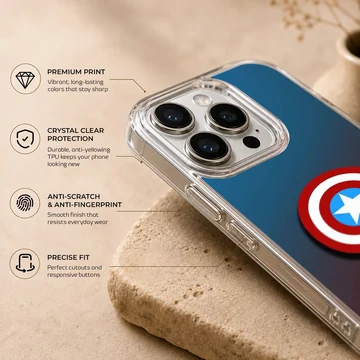 Captain America shield graphic on a blue and red gradient phone case — Info