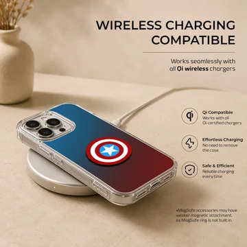 Captain America shield graphic on a blue and red gradient phone case — Charging