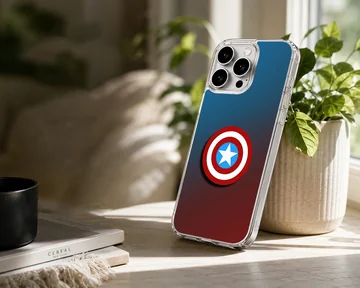 Captain America shield graphic on a blue and red gradient phone case — Lifestyle