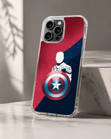 Captain America silhouette graphic with iconic shield against a split red and blue starry background on a phone case — Hero