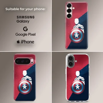 Captain America silhouette graphic with iconic shield against a split red and blue starry background on a phone case — Collage