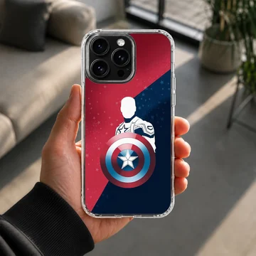 Captain America silhouette graphic with iconic shield against a split red and blue starry background on a phone case — Lifestyle