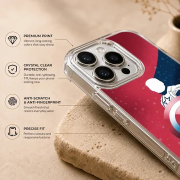 Captain America silhouette graphic with iconic shield against a split red and blue starry background on a phone case — Info