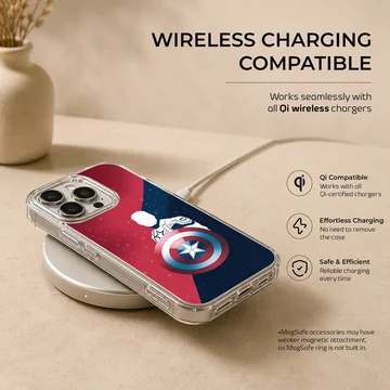 Captain America silhouette graphic with iconic shield against a split red and blue starry background on a phone case — Charging