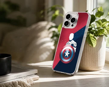 Captain America silhouette graphic with iconic shield against a split red and blue starry background on a phone case — Lifestyle