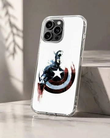 Captain America hero artwork with circular red, white, and blue shield on a phone case