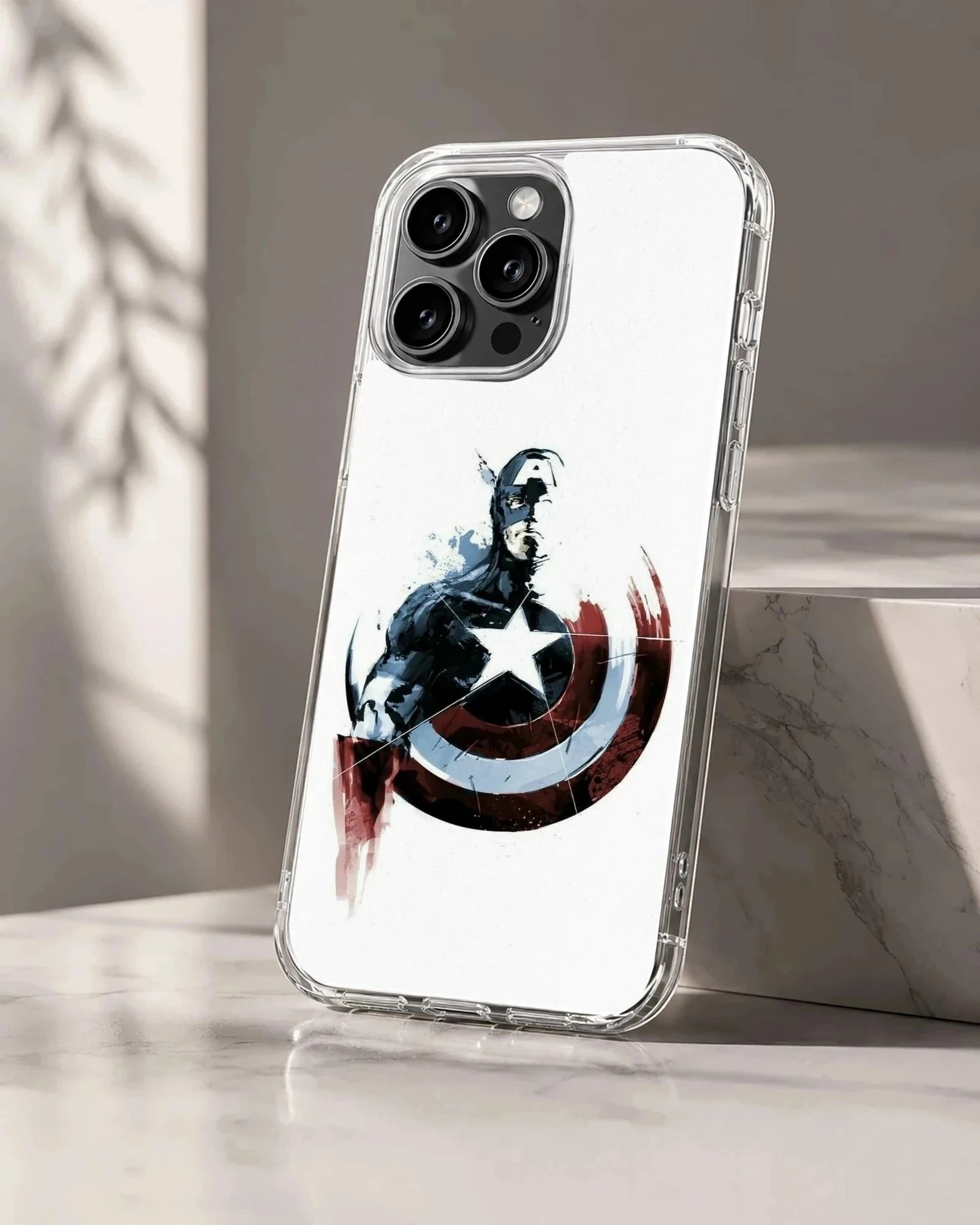 Captain America hero artwork with circular red, white, and blue shield on a phone case