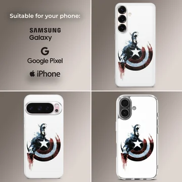 Captain America hero artwork with circular red, white, and blue shield on a phone case — Collage