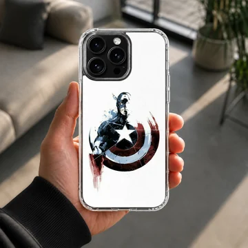 Captain America hero artwork with circular red, white, and blue shield on a phone case — Lifestyle