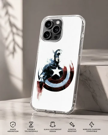 Captain America hero artwork with circular red, white, and blue shield on a phone case — Specs