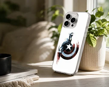 Captain America hero artwork with circular red, white, and blue shield on a phone case — Lifestyle