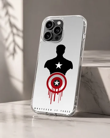 A phone case featuring a black hero silhouette, red and white shield graphic, and the words whatever it takes. — Hero