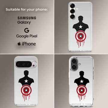A phone case featuring a black hero silhouette, red and white shield graphic, and the words whatever it takes. — Collage