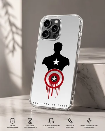 A phone case featuring a black hero silhouette, red and white shield graphic, and the words whatever it takes. — Specs