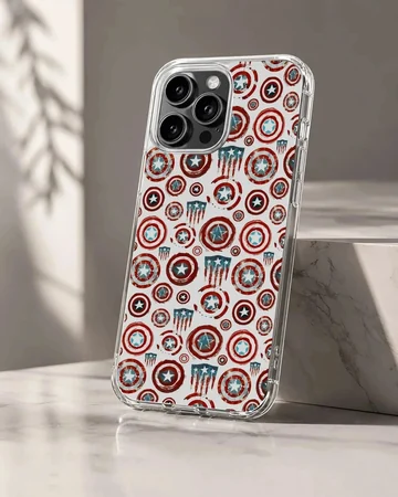 A phone case featuring a repeating graphic pattern of vintage-style red, white, and blue star shields.