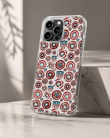 A phone case featuring a repeating graphic pattern of vintage-style red, white, and blue star shields. — Hero
